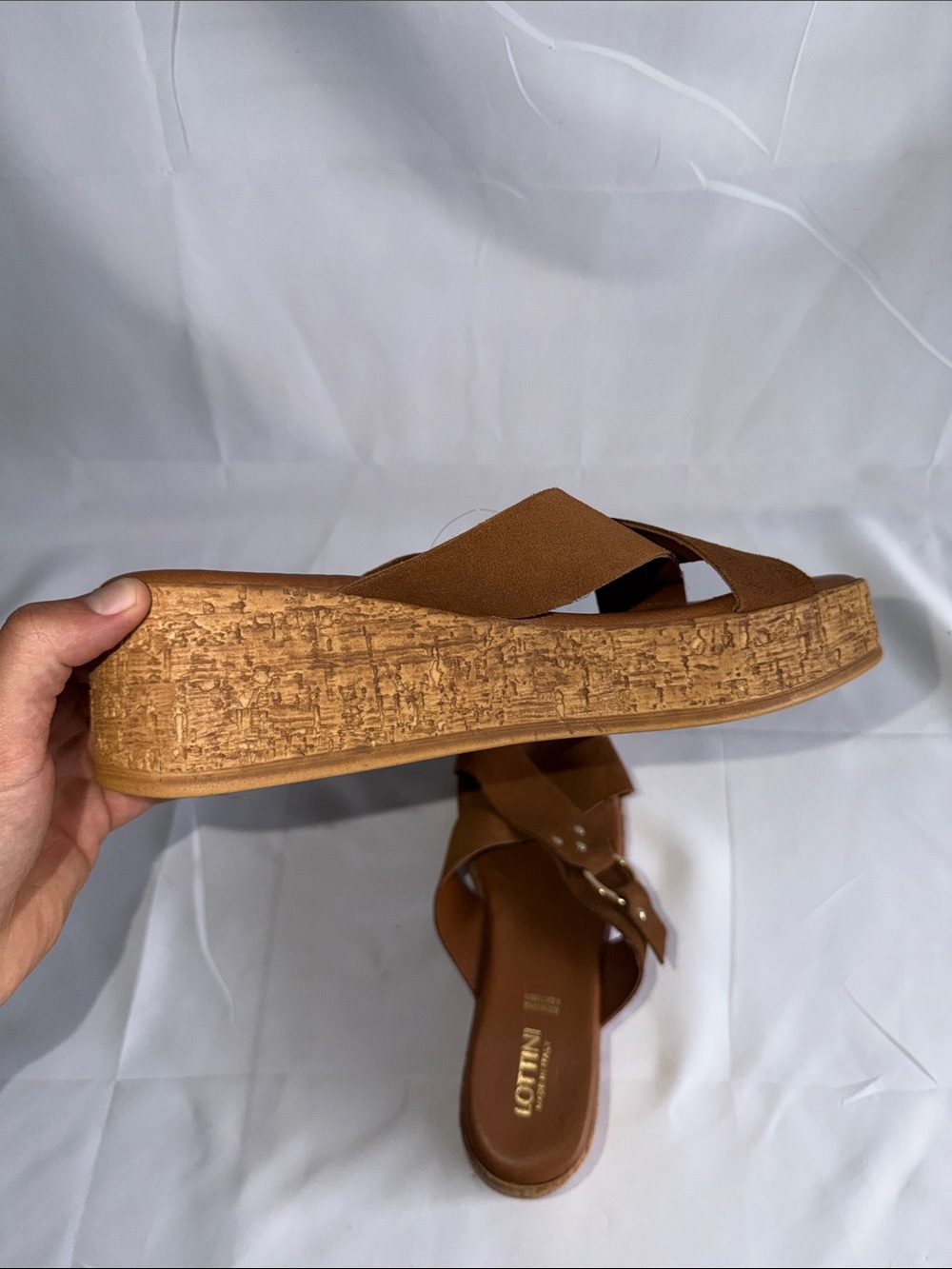 Lottini Italy Suede Cross Band Buckle Cork Wedge Slide Sandals Cuoio 9.5 NWT - Picture 5 of 6
